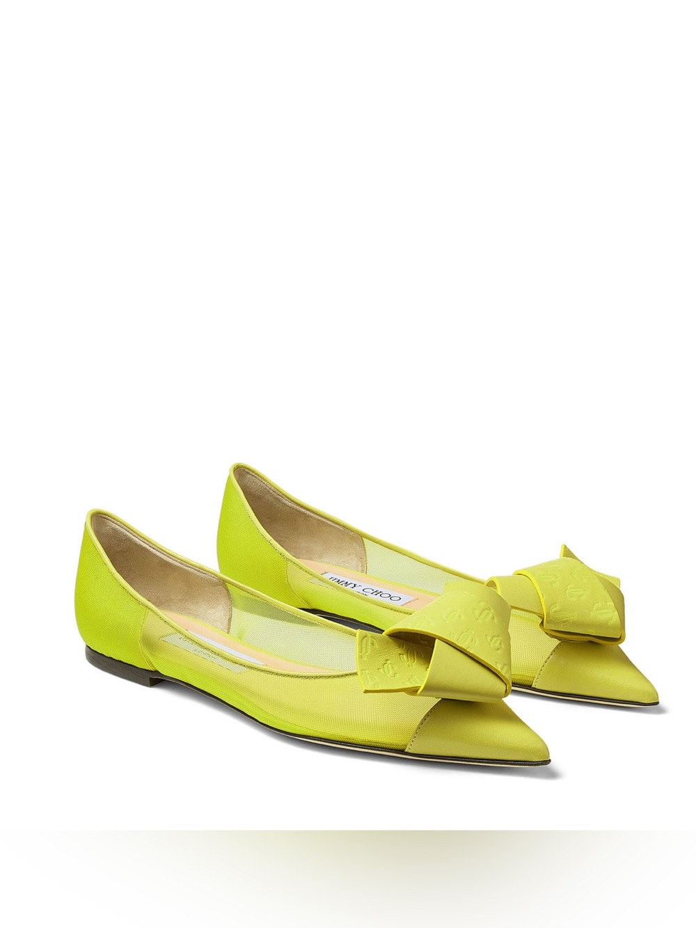 Jimmy Choo. Lani JC Logo Bow Mesh & Leather Flats. Yellow. Size 8.5.